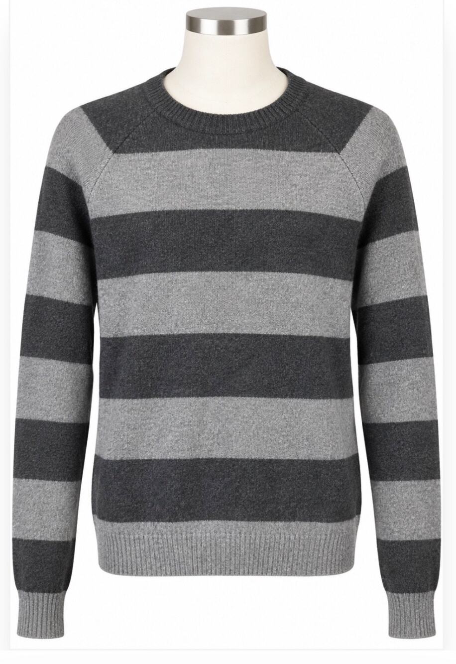 Mills Supply Men’s Wool Sweater Gray Stripe Crewneck Raglan Pullover Medium